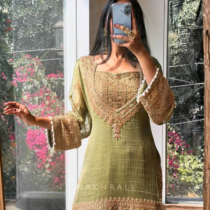 Luxury Fendy Heavy Natural Crep <b>Silk</b> Indian Traditional Ethnic <b>Kurta</b> / Kurti Women's Fully Stitched Embroidery Sequence Top - Product Image 4