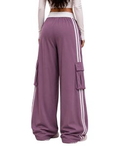 Pantalon cargo ample violet lavande pour femme, taille haute, avec cordon de serrage, poches latérales, style décontracté streetwear - Product Image 2