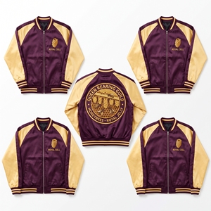 En gros Blouson universitaire bomber en satin à manches raglan et boutons-pression, marron et or pâle, avec broderie au dos sur le thème du travail, de l'artisanat et du travail du bois - Product Image 2
