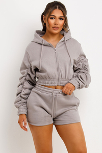 Conjunto Deportivo de 2 Piezas Color Gris, Sudadera Corta con Cremallera y Pantalones Cortos, Ropa Casual de Primavera, Color Sólido, Bolsillos Laterales - Product Image 4