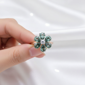 Anillo de Lujo con Gema Verde de 5x7mm, Corte Pera, con Flor, Plata de Ley 925, Moderno, para Boda, Compromiso, Aniversario, Regalo para Mujer - Product Image 1