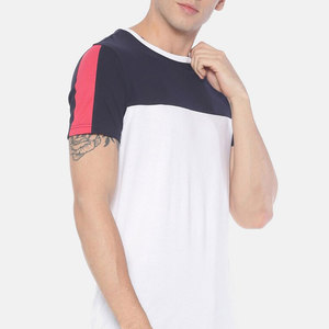 T-shirt à manches courtes pour homme, col rond, color-block, blanc, marine, rose, bordure contrastée, coupe classique, décontracté, tricoté, 100% coton - Product Image 2