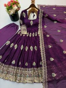 Robe Anarkali en soie pour femme Shreeji Fashion, couleur violette, broderie de paon, longue robe avec dupatta, tenue ethnique indienne et pakistanaise pour mariage - Product Image 2