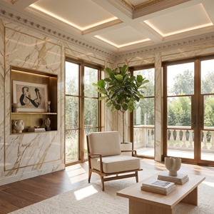 Fauteuil en bois rembourré moderne en tissu crème pour salle d'attente, hall d'accueil, chambre d'hôtes - Fournisseur de mobilier - Product Image 1