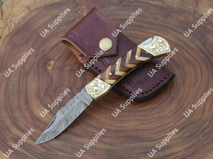 Damascus Steel Hand Forged Brass Wooden Handle Professional Razor Sharp Drop Point Folding EDC Pocket Knife Sheath 7.5 Inches - Product Image 2