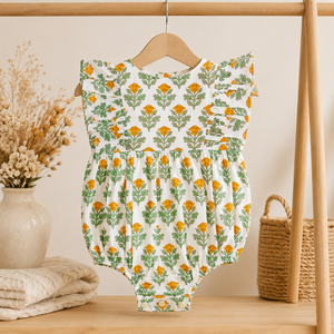 Mameluco de Bebé con Estampado de Flores Amarillas, Algodón Suave, Hombros con Volantes, Traje de Una Pieza para Bebés, Ropa de Verano para Recién Nacidos, Venta al Por Mayor - Product Image 1
