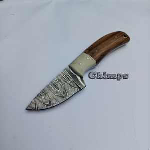 Mini cuchillo de hoja de acero de Damasco EDC con mango de madera personalizable para acampar al aire libre, caza y soporte de funda OEM Bushcraft - Product Image 1