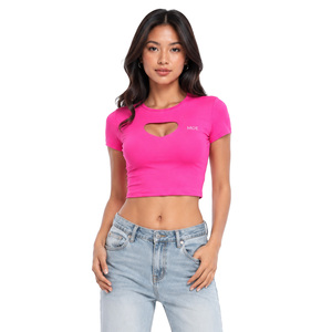 Custom Heart Cutout Crop Top Private Label Embroidery Cotton women's shirt Slim Fit Half Sleeve Baby Tee High Quality Streetwear - Product Image 5
