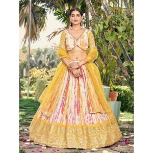 A buscar blanco y amarillo Digital impreso Chinon Haldi Wear Lehenga Choli - Product Image 2