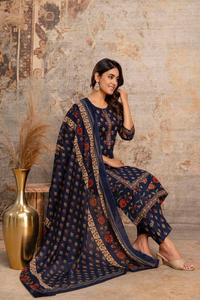 Traje Recto de Algodón Azul para Mujer, Largo hasta la Rodilla, con Dupatta, Estilo Tradicional, Corte Regular, Secado Rápido, Multitemporada, Informal, para Diwali/Bodas - Product Image 4