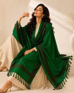 Green <b>Wool</b> Embroidered Shawl Scarf with Tassel Border Reversible & Lightweight Traditional Headscarf <b>Wrap</b> for Daily Wear - Product Image 4