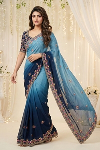 Sari de Seda Bordado Azul Turquesa AARA Fashion con Diseño Floral para Mujer, Estilo Tradicional de Boda de India y Pakistán - Product Image 5