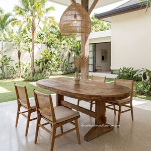 Table à manger en bois artisanale, modèle ovale, 2 couches, patchwork, démontable, en bois de bateau recyclé, design durable, respectueux de l'environnement - Product Image 4
