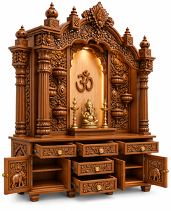 Grand Wooden Hindu Temple with Glowing Om Chakra Centerpiece Big Size Handcrafted Wooden Pooja Mandir For Home Pooja Cabinet <b>UK</b> - Product Image 2
