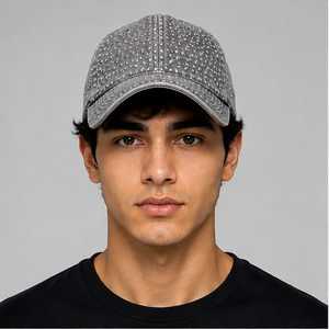 Casquette unisexe grise en toile de coton respirante et imperméable, à 6 panneaux, avec strass, réglable et à fermeture snapback, pour le sport et les loisirs - Product Image 1