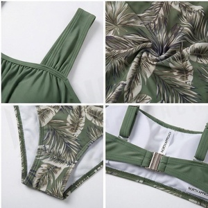 Green <b>Square</b> <b>Neck</b> Bikini Set With Ruched Bandeau Top And Tropical Leaf Print Hipster Bottoms - Product Image 4