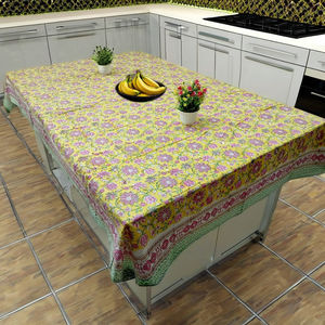 Mantel de Algodón Estampado Floral a Mano, Estilo Indio Moderno, Personalizable, Ecológico y Duradero, en Amarillo, Rosa y Verde - Product Image 1
