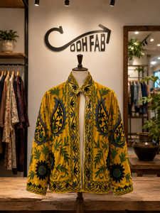 เสื้อแจ็คเก็ตกำมะหยี่สีเหลืองมัสตาร์ดปักลายซูซานีสำหรับผู้หญิง ปักลายดอกไม้เพสลีย์สไตล์โบฮีเมียน เสื้อคลุมดีไซน์เนอร์สไตล์ชาติพันธุ์ ขายส่งจากอินเดีย - Product Image 1