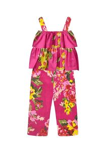Mono floral con estampado floral para niñas, con hombros descubiertos, top fruncido y piernas largas, tirantes finos, 100% algodón transpirable - Product Image 1