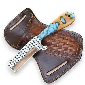 Cuchillo de corte de acero Nordic Forge Rasp Steel Cowboy Bull Cutter con mango de madera de olivo y turquesa - Funda de cuero Pancake - Cuchillo EDC OEM - Product Image 1