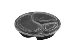 Black Round 3 Compartment , 45oz ,Disposable <b>Lunch</b> <b>Box</b> <b>Plastic</b> Food Container with Lid for Takeaway Catering - Product Image 1