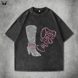 Camiseta informal de verano de manga corta para mujer, camiseta negra con diseño gráfico y diamantes de imitación, corte holgado, cuello redondo, camiseta para el día a día - Product Image 2