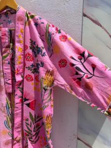 Bata Kimono de Algodón con Estampado Floral Rosa para Mujer, Larga, Cuello en V, Manga 3/4, Cierre con Cordón, Transpirable, Ropa de Dormir Informal de Verano - Product Image 3