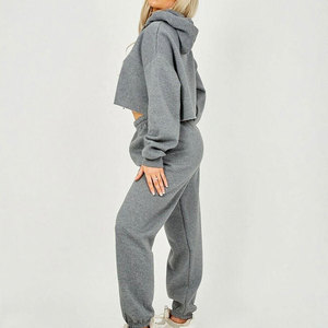 Custom Gray Solid Cropped <b>Sweat</b> Shirt Crop <b>Top</b> Hood and Trouzer Tracksuit 300gsm Lightweight Quick Dry for Women - Product Image 3