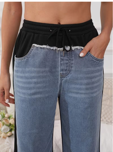 TRIBON SPORTS Jeans de mezclilla de mujer de talle alto, pierna recta, lavado a la piedra, con rayas laterales en contraste, corte regular, longitud completa, casual - Product Image 5