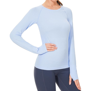 Haut de yoga pour femme de qualité supérieure, bleu clair, manches longues, col rond, couleur unie, respirant, vêtement de sport, coupe régulière, longueur complète - Product Image 3