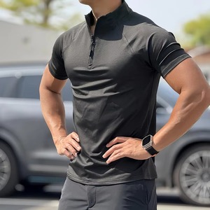 T-shirt zippé vintage homme style euro-américain pour sports et fitness d'été en extérieur, séchage rapide, haute élasticité, col montant, couleur unie, 180g - Product Image 3