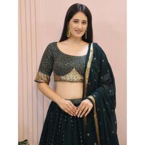 Green <b>Sequin</b> Mehendi Lehenga Choli Dress for Women 100% Cotton Knee-Length Ethnic Plus - Product Image 4