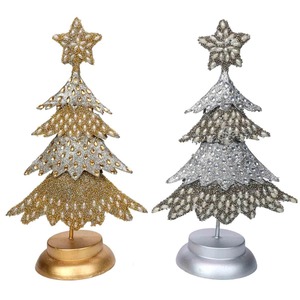 Metal Christmas <b>Tree</b> Decor <b>with</b> Star Topper Gold and Silver Finish Tabletop Indoor Ornament Display Pine Design - Product Image 1