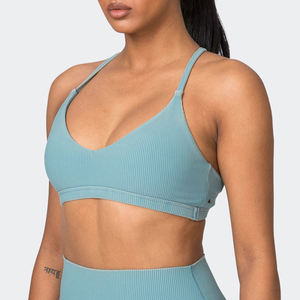 Light <b>Blue</b> Ribbed Sports <b>Bra</b> With Cut-Out Detail And Thin Straps Medium Support Yoga Fitness Top - Product Image 5