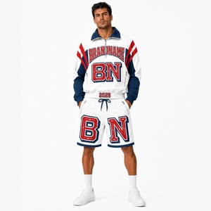 Ensemble de survêtement sportif tissé en satin pour homme, blanc, bleu marine, rouge uni, veste à quart de zip et short, en polyester respirant, idéal pour le printemps - Product Image 6