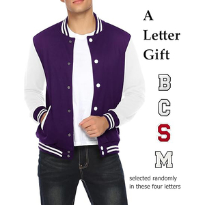 Veste universitaire pour homme, couleur unie violet et blanc, fermeture à boutons, col rabattu, style décontracté automne, coupe régulière, matière polaire - Product Image 2