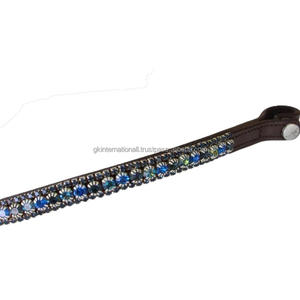 Handcrafted from Italian Leather Blue Branded Crystals <b>Shining</b> Diamante bling Wave Shape Leather horse brow band in full cob - Product Image 6