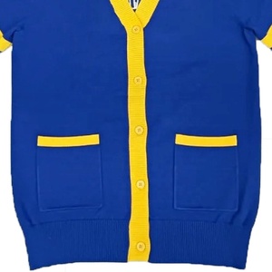 Cárdigan Azul de Punto para Mujer de la Hermandad Sigma Gamma Rho, Cuello en V, Manga Larga con Rayas Amarillas y Botones, Estilo Preppy - Product Image 4