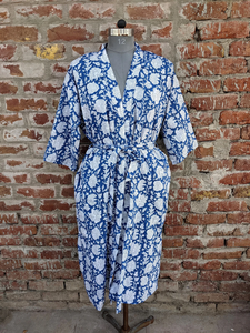 Unisex Hand Block Printed Cotton <b>Kimono</b> Indian Style Dressing Floral Print Drawstring Handmade <b>Beach</b> Cover Grown Ups Dress - Product Image 5