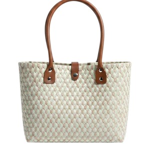 Eco Friendly Woven Plastic Handbag And Handmade <b>Bag</b> Light Pink <b>White</b> Patterned Daily <b>Shoulder</b> Tote With Brown Straps - Product Image 2