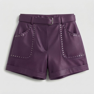 High Waist Purple <b>studded</b> leather Shorts With Rivet Details And <b>Belt</b> Closure Casual Style - Product Image 3