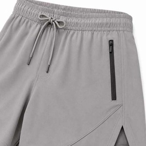 Shorts de sport pour hommes gris uni à séchage rapide avec cordon de serrage à la taille, mi-longs, en polyester tissé, avec fermetures éclair, style sportif - Product Image 6