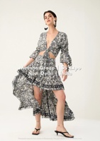 Atasan Crop Top V-Neck Motif Boho dengan Rok Maxi Ruffle High Low Set Dua Potong Pakaian Musim Panas Gaun Liburan Pantai - Berbagai Macam