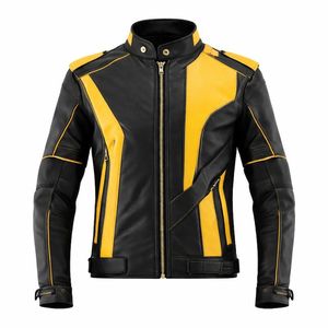 Mens Yellow Black PU Leather Moto <b>Biker</b> <b>Jacket</b> Stand Collar Zipper Closure Windproof Slim Fit Regular Sleeve Solid Color - Product Image 5
