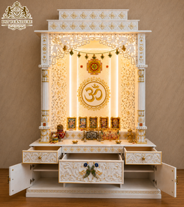 Modern White Wooden Pooja <b>Mandir</b> with Om Chakra Pooja Ghar Design with LED Backlight Custom Pooja Temple Cabinet for Home UK - Product Image 5