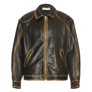Customized Fading Seams Breathable Coated Genuine <b>Leather</b> <b>Jacket</b> for <b>Men</b> Vintage Style Loose Fit Front - Product Image 1