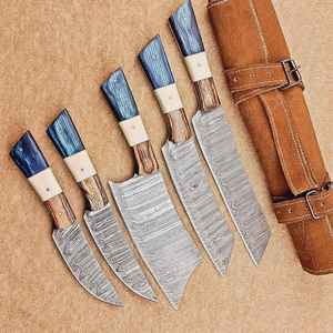 Ensemble de couteaux de chef professionnels de haute qualité en acier Damas, 5 pièces, fabriqués à la main, manche en bois, vente chaude, directement de l'usine - Product Image 6