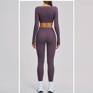 Seamless Yoga Set Scoop Neck <b>Crop</b> <b>Top</b> High Waist Leggings 3 Piece Solid Color Full Length Spandex/Nylon Breathable Workout Wear - Product Image 2