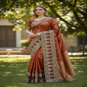 Sari indio de la colección Empress para fiestas, con diseño exclusivo y aspecto auténtico intrincado, en tela de chifón transpirable. - Product Image 4