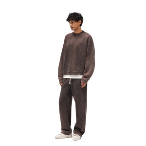 Men's Brown Washed Matching Set Oversized Crewneck <b>Flare</b> <b>Sweatpants</b> Fleece Co-ord Set <b>Wholesale</b> - Product Image 3